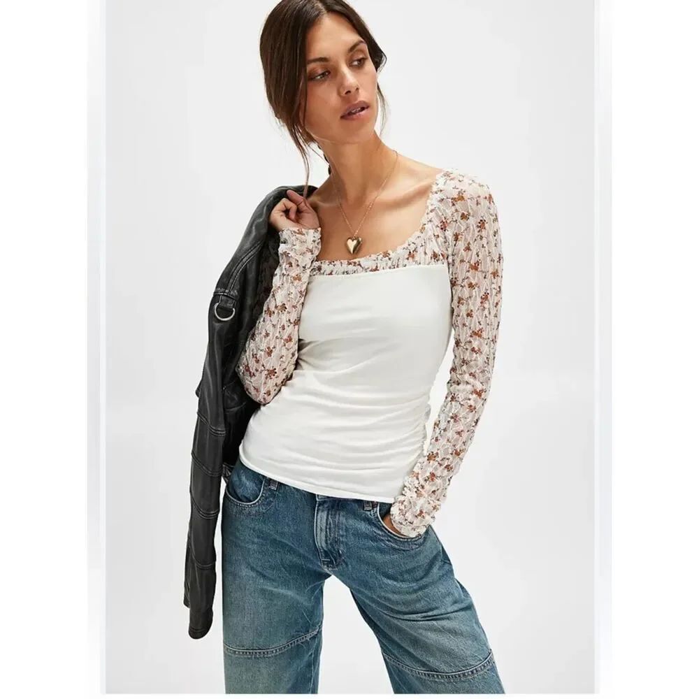 FREE PEOPLE Floral LaceSleeve JOSIE Twofer Top NWT